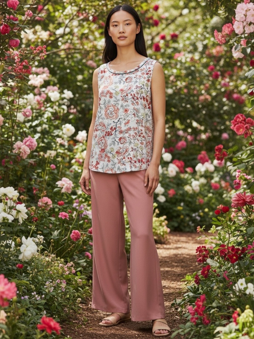 LOFT Floral Sleeveless Scoop-Neck Blouse in White and Rose